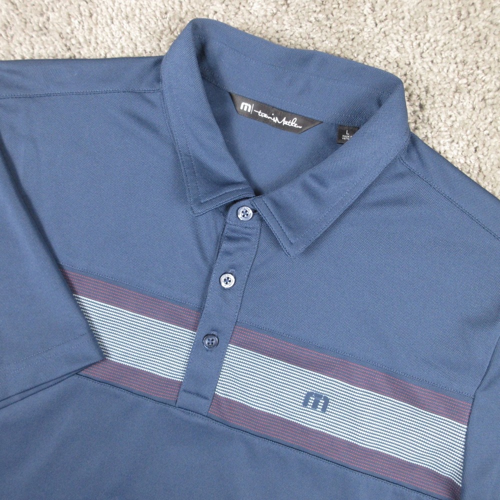 Travis Mathew Polo Shirt Mens Large Blue Striped Performance Golf Stretch Wick